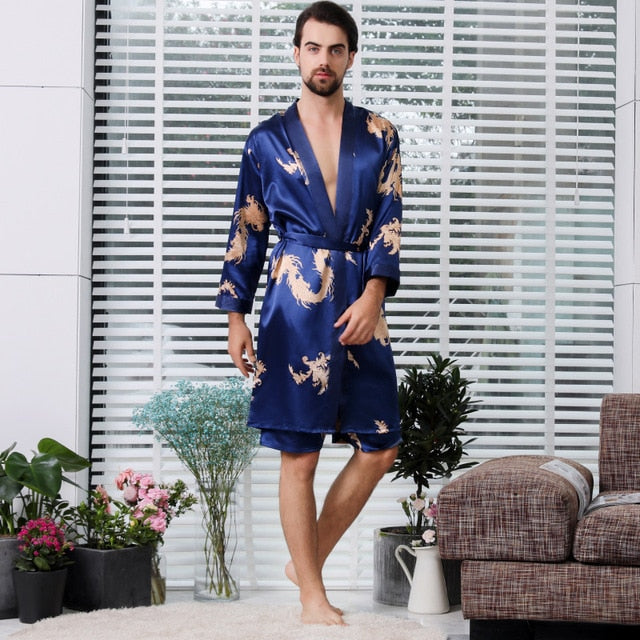 Luxury Designer Men's Silk Kimono Robe Novelty Long Sleeve Sleepwear  Bathrobe Oversized Satin Nightgown Summer Home Clothing