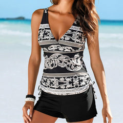 2020 Two Piece Swimwear Women Plus Size Tankini Swimsuits with Shorts V neck Tankinis Set Swim Wear Black Print Bathing Suit 2XL - BluePink Lingerie