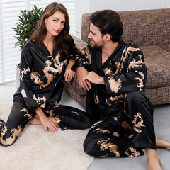 Couple Silk Satin Pajamas Pyjamas Set Long Sleeve Sleepwear Pijama Pajamas Suit Women And Man Sleep 2PC Set Loungewear Plus Size - BluePink Lingerie