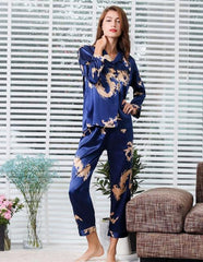 Couple Silk Satin Pajamas Pyjamas Set Long Sleeve Sleepwear Pijama Pajamas Suit Women And Man Sleep 2PC Set Loungewear Plus Size - BluePink Lingerie