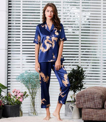 Couple Silk Satin Pajamas Pyjamas Set Long Sleeve Sleepwear Pijama Pajamas Suit Women And Man Sleep 2PC Set Loungewear Plus Size - BluePink Lingerie