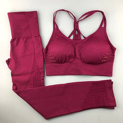 Seamless Yoga Set Women Fitness Clothing Sportswear Woman Gym Leggings Padded Push-up Strappy Sports Bra 2 Pcs Sports Suits - BluePink Lingerie