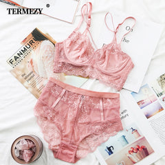 TERMEZY Classic Bandage Pink Bra Set Lingerie Push Up Brassiere Lace Underwear Set Sexy High-Waist Panties For Women underwear - BluePink Lingerie