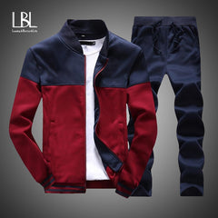 2020 New Men Sets Fashion Sporting Suit Brand Patchwork Zipper Sweatshirt +Sweatpants Mens Clothing 2 Pieces Sets Slim Tracksuit - BluePink Lingerie