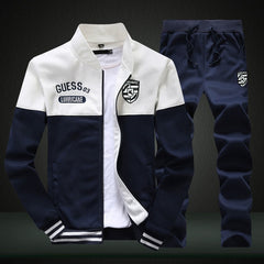 2020 New Men Sets Fashion Sporting Suit Brand Patchwork Zipper Sweatshirt +Sweatpants Mens Clothing 2 Pieces Sets Slim Tracksuit - BluePink Lingerie